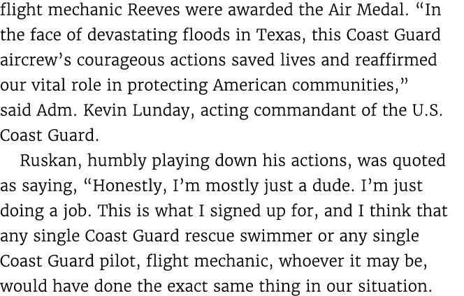 flight mechanic Reeves were awarded the Air Medal. “In the face of devastating floods in Texas, this Coast Guard airc...
