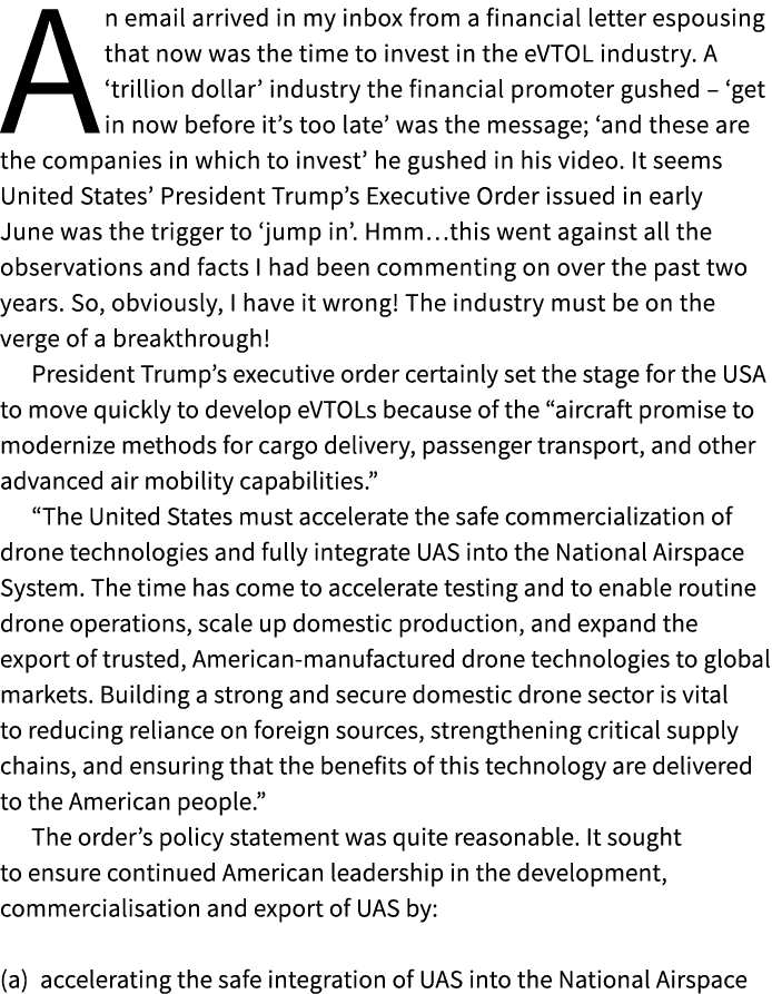 An email arrived in my inbox from a financial letter espousing that now was the time to invest in the eVTOL industry....