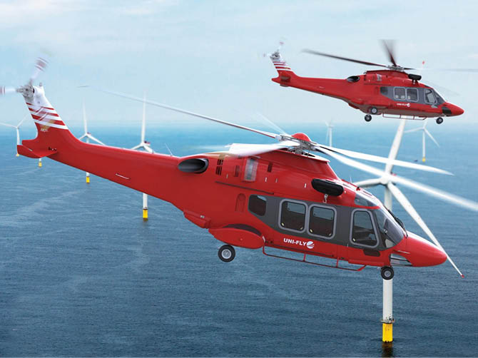 Two red helicopters are flying over the ocean, one of them is landing on a platform. AI generated content