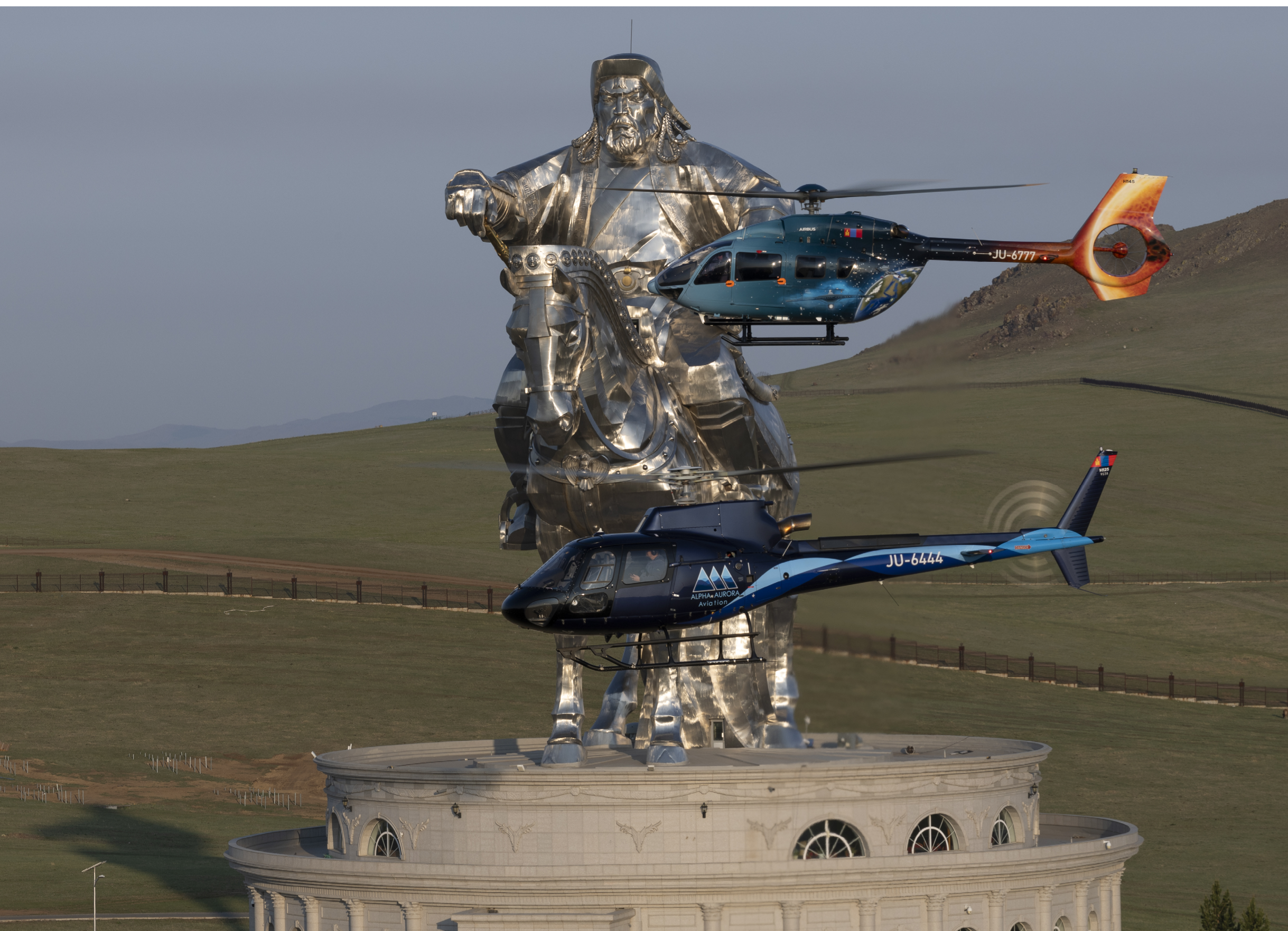 A statue of a man is being flown by a helicopter. AI generated content
