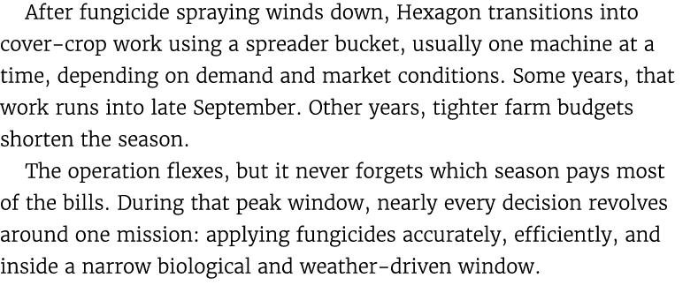 After fungicide spraying winds down, Hexagon transitions into cover crop work using a spreader bucket, usually one ma...