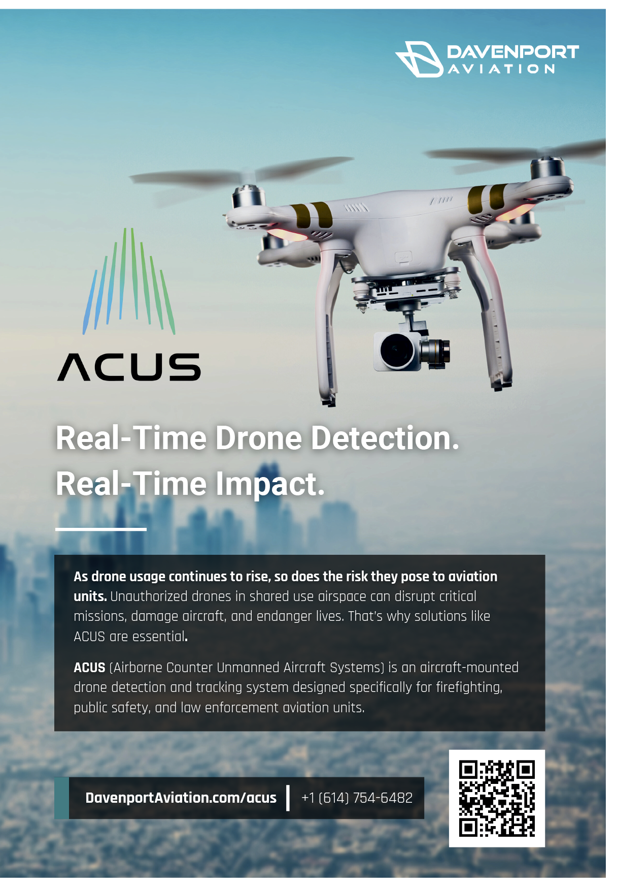 A white drone with a camera on it is shown flying over a city. AI generated content