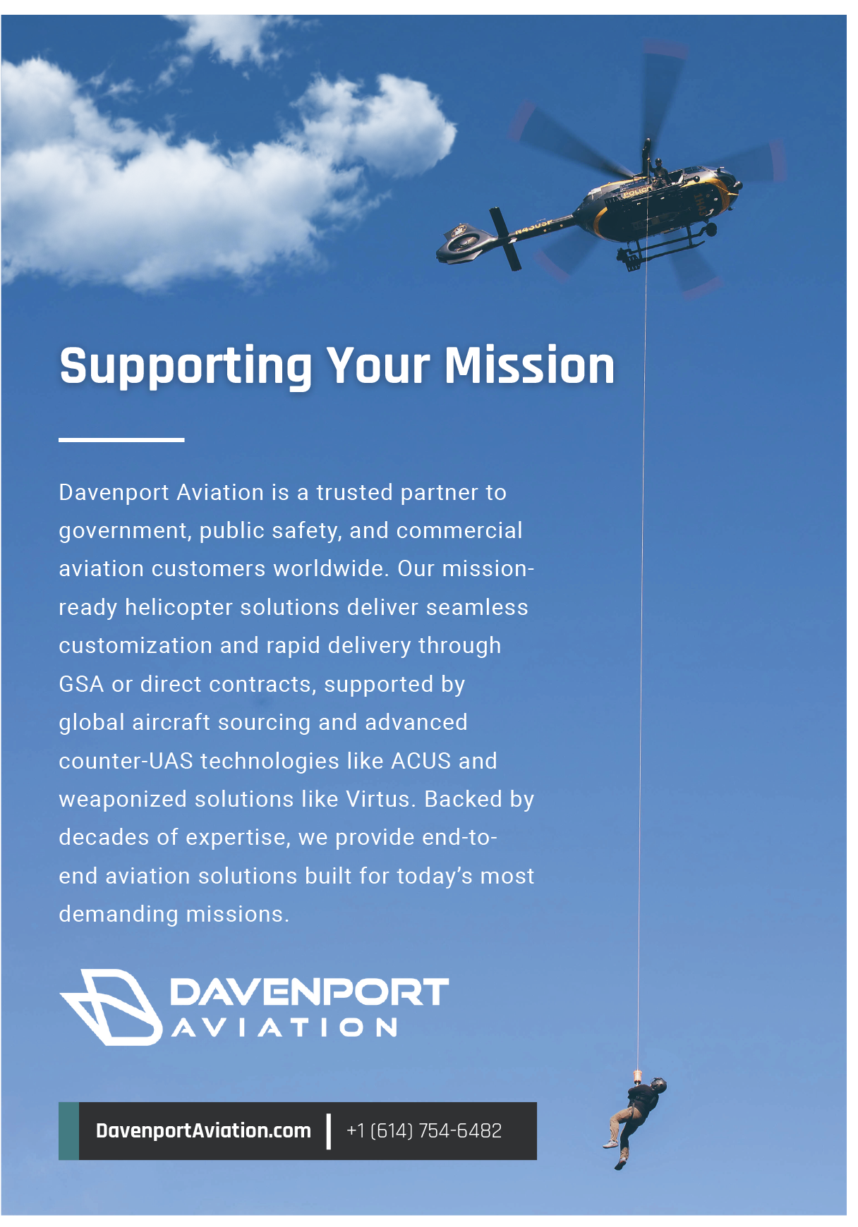 A man is being lifted by a helicopter, with a banner advertising Davenport Aviation. AI generated content
