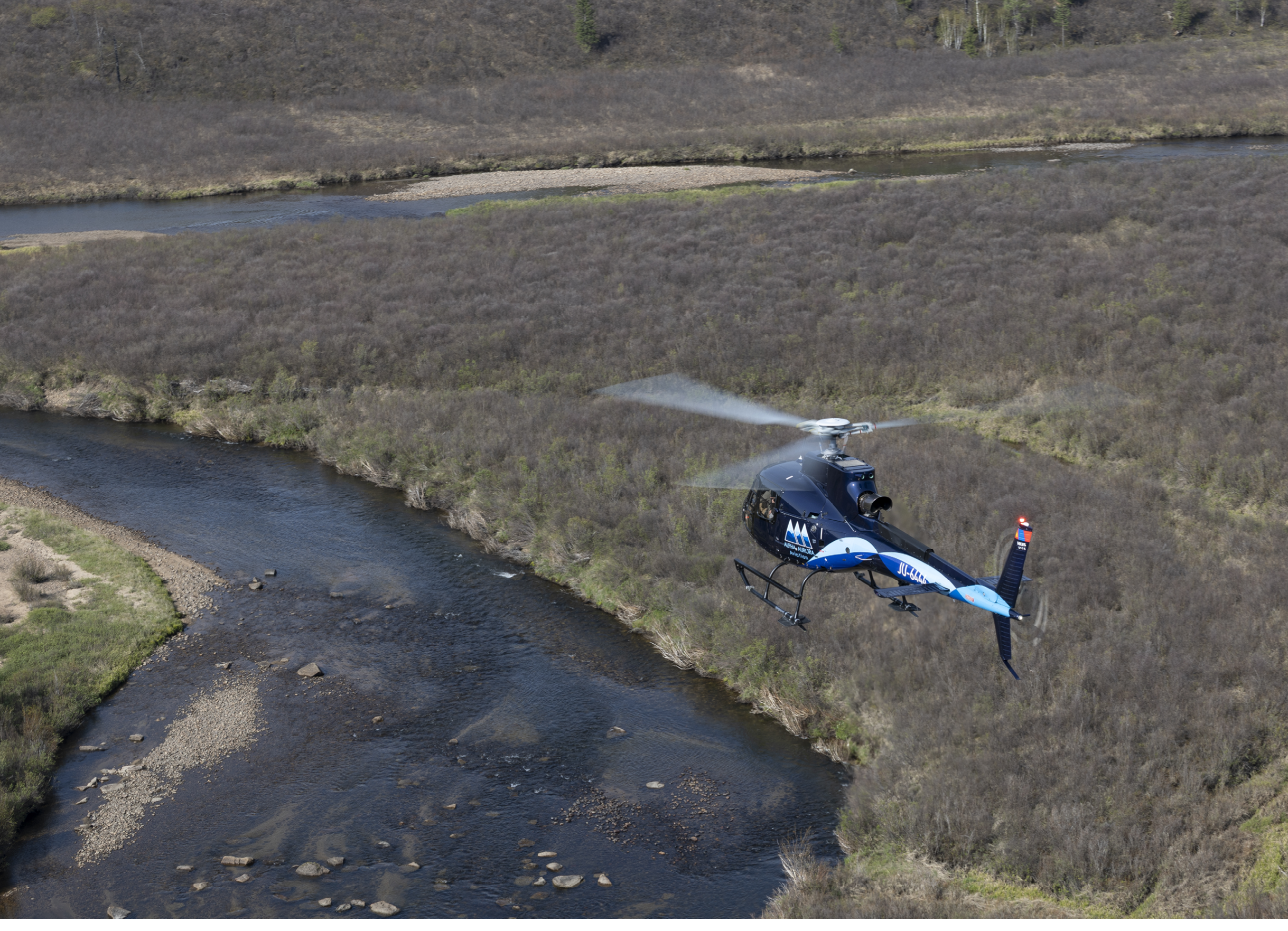 A helicopter is flying over a river, with a person on board. AI generated content