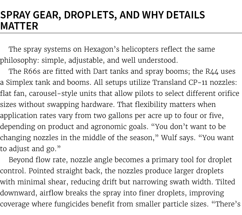  Spray Gear, Droplets, and Why Details Matter The spray systems on Hexagon’s helicopters reflect the same philosophy:...