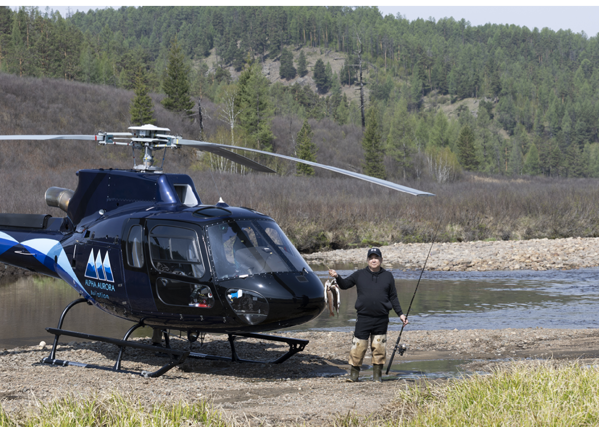 A man is standing next to a helicopter with a fishing rod in his hand. AI generated content