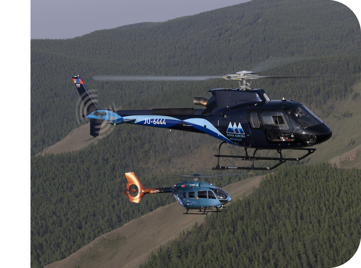 A blue and white helicopter is flying above a green forest. AI generated content