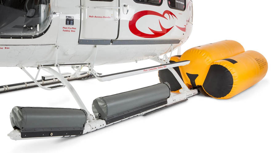 A helicopter with a yellow raft attached to it. AI generated content