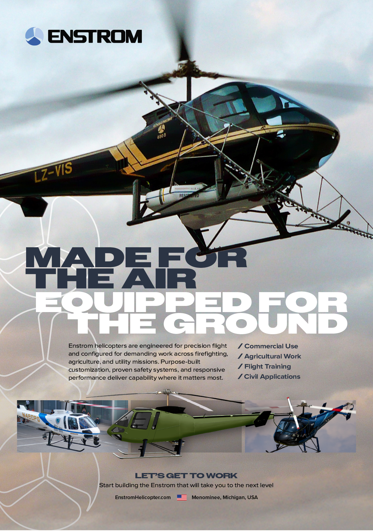 A poster advertising a helicopter, with the text “Made for the air, equipped for the ground." AI generated content