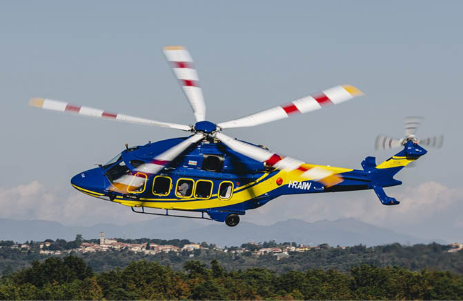 A blue and yellow helicopter is flying in the air. AI generated content