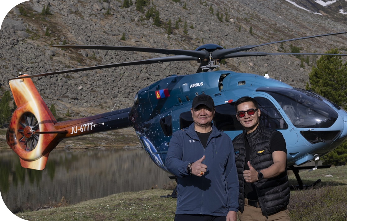 Two men are standing in front of a helicopter. AI generated content