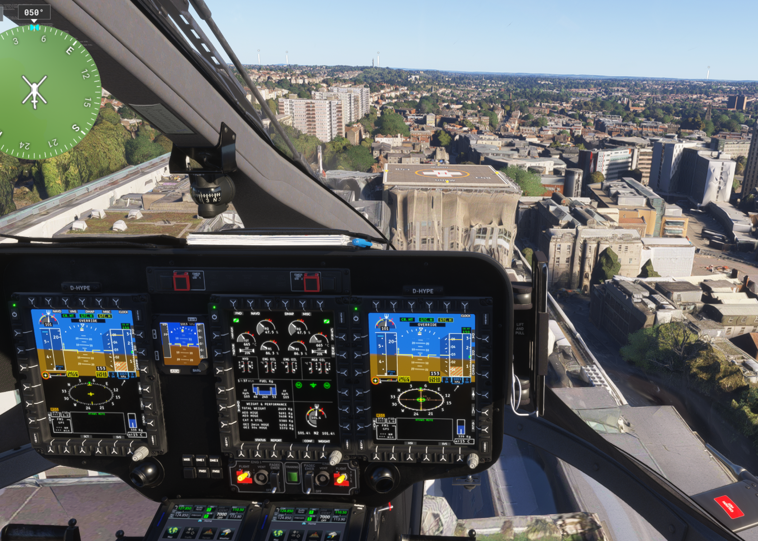 A cockpit of a helicopter with a view of a city. AI generated content