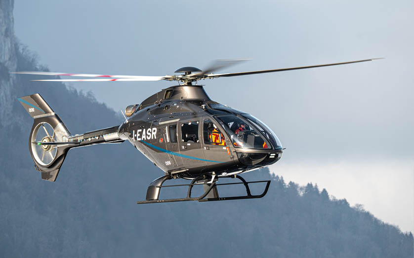A helicopter with the letters EAS on the side is flying in the sky. AI generated content