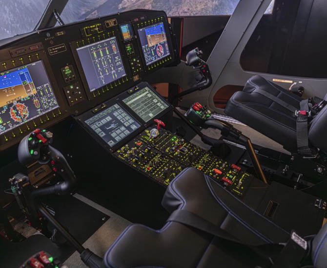 A cockpit of a plane with a control panel and two seats. AI generated content