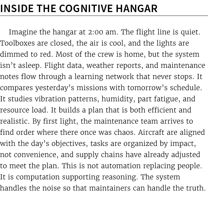 Inside the Cognitive Hangar Imagine the hangar at 2:00 am. The flight line is quiet. Toolboxes are closed, the air is...