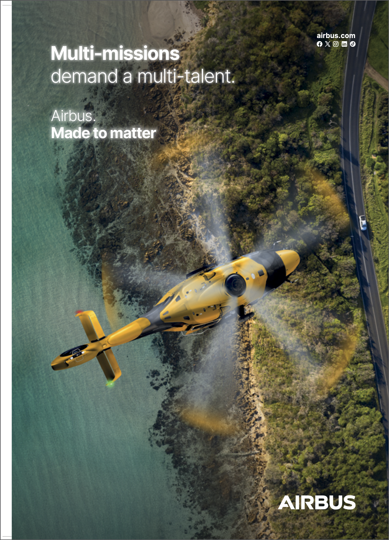 A yellow and black helicopter is flying over a body of water. AI generated content