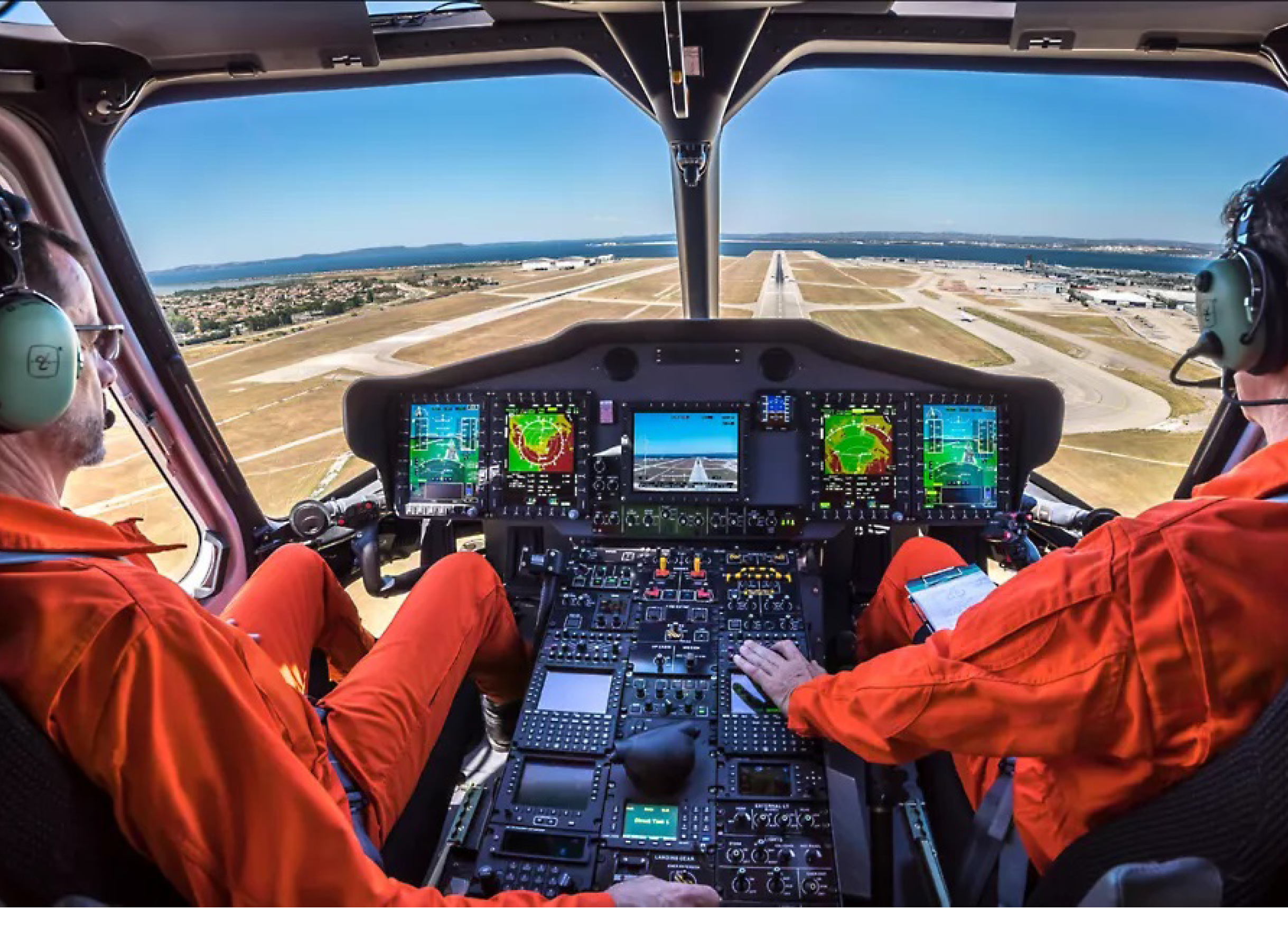 Two men are in a helicopter cockpit, flying over a runway. AI generated content