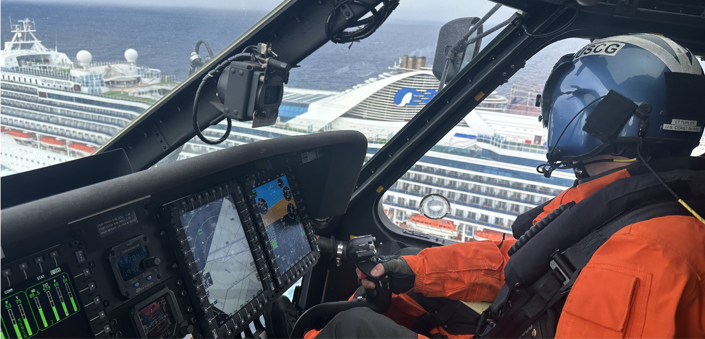 A person wearing a helmet and orange jacket is sitting in a helicopter, flying over a cruise ship. AI generated content