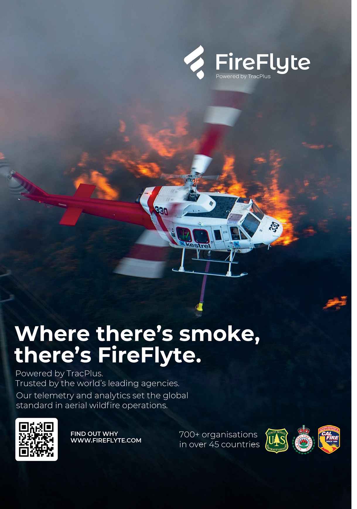 A red and white helicopter is flying over a fire. AI generated content