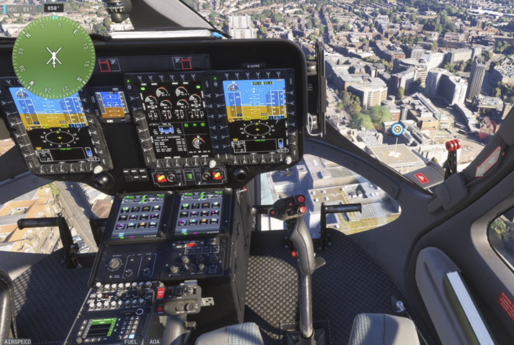 Two men are in a helicopter, flying over a beautiful landscape. AI generated content