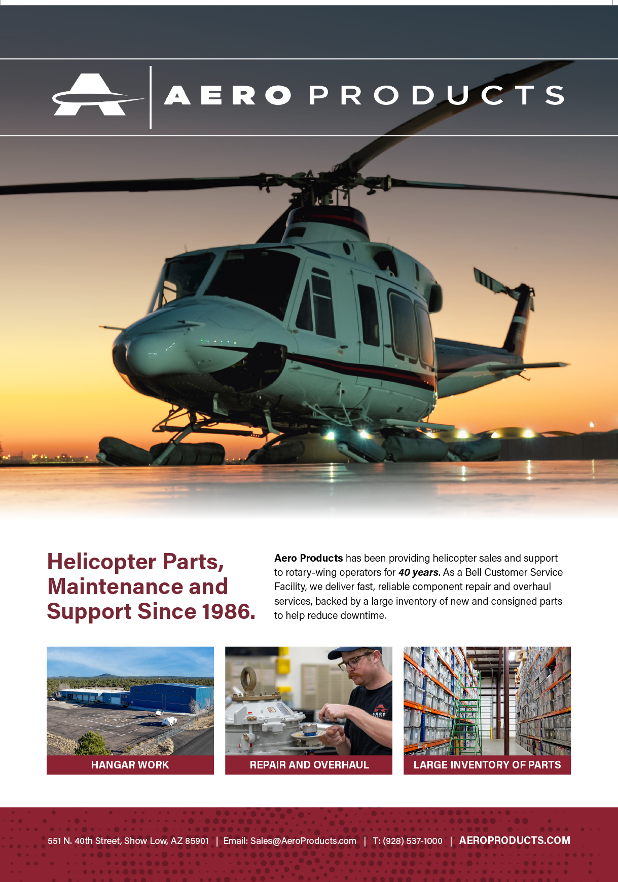 A poster advertising helicopter parts and maintenance services. AI generated content
