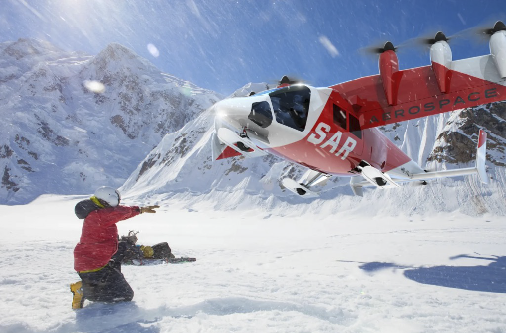 A man is sitting in a helicopter cockpit, wearing a yellow vest and a helmet. AI generated content