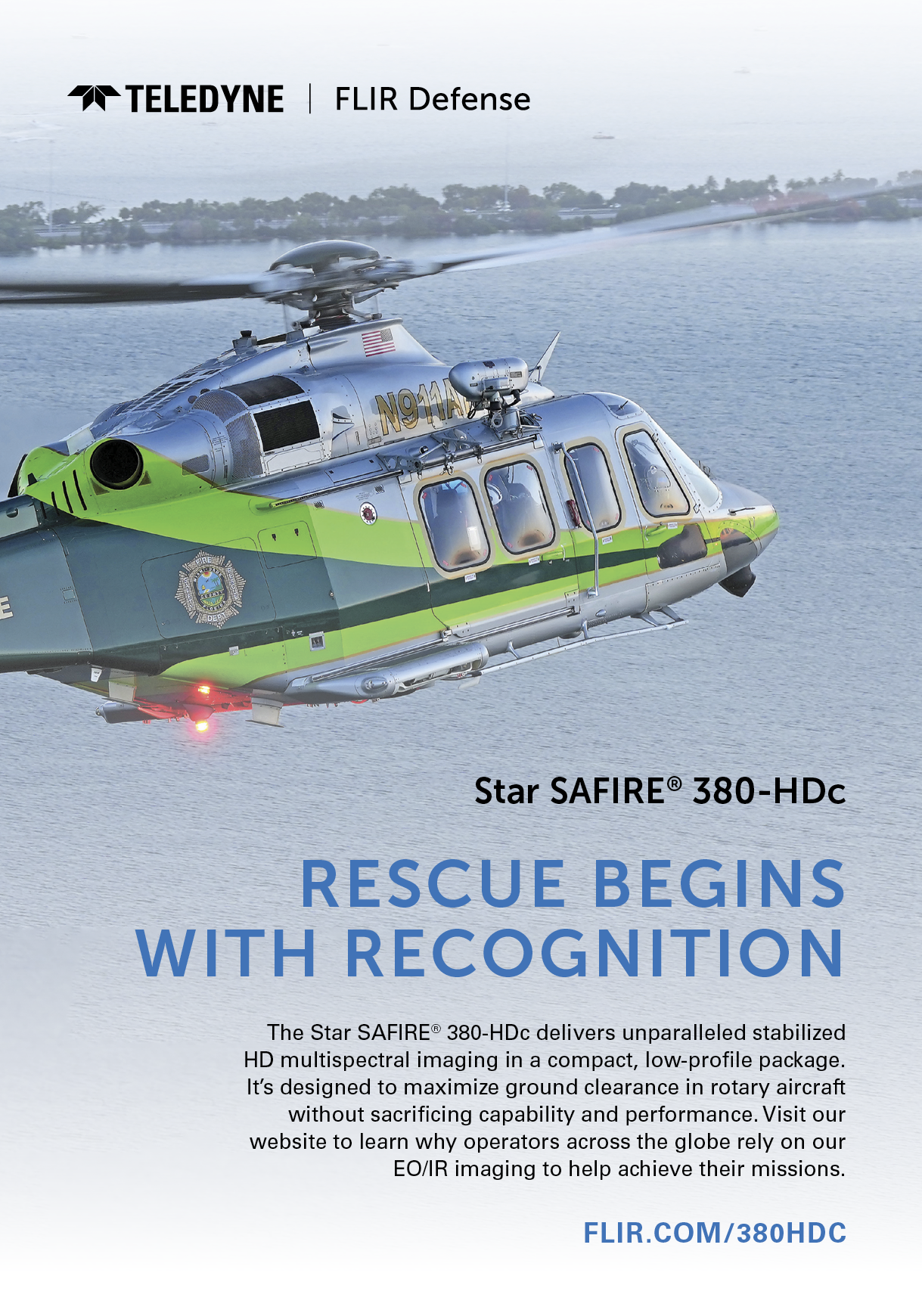 A green and white helicopter with a red light on the front. AI generated content