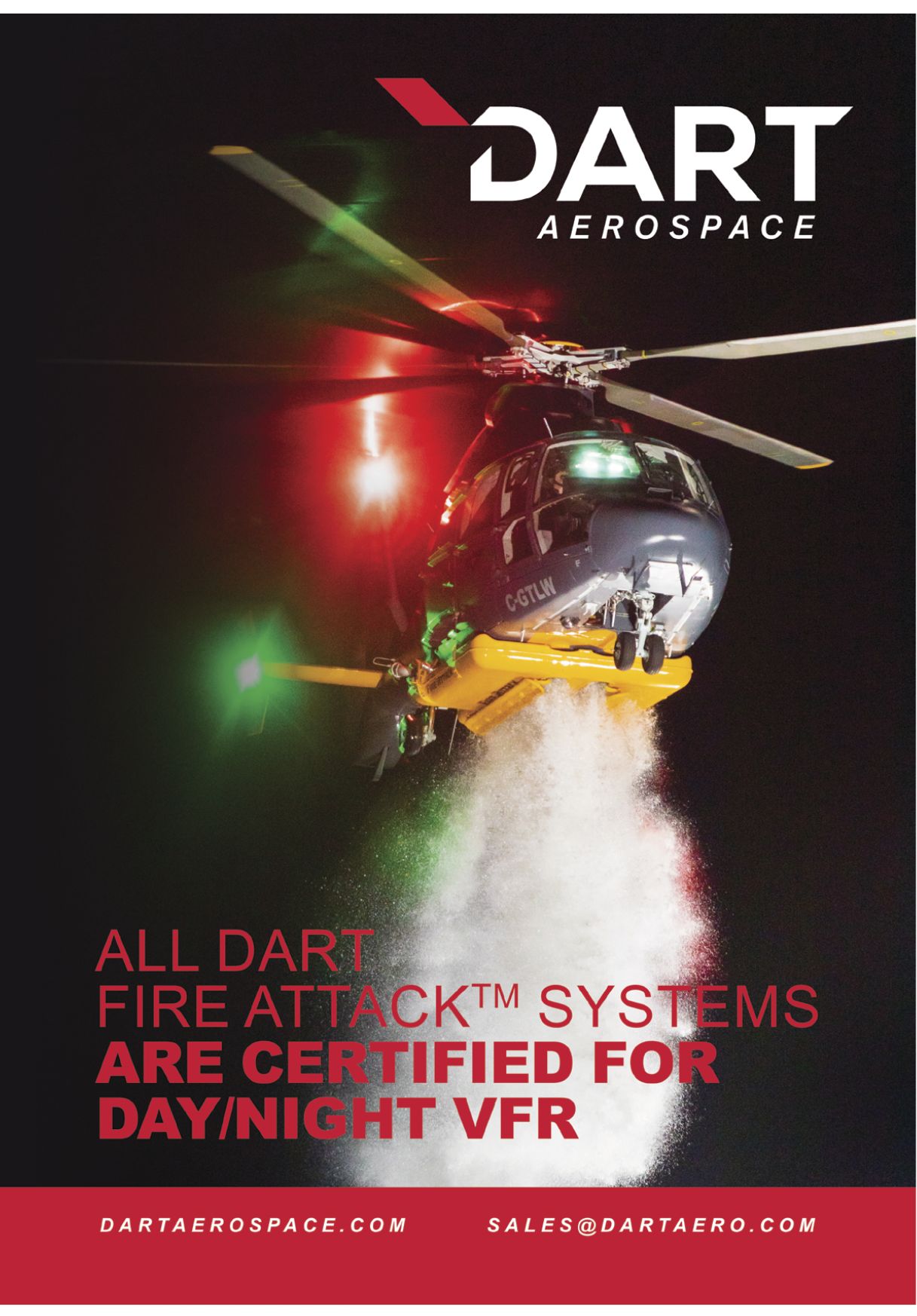 A helicopter is shown in the air with a green light on it. The helicopter is owned by Dart Aerospace. AI generated content