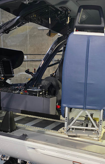 A helicopter with a blue seat and a control panel. AI generated content