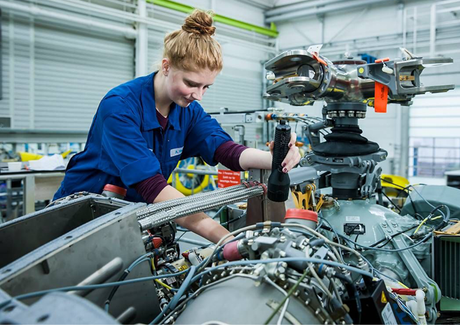 A woman in a blue shirt is working on a machine. AI generated content