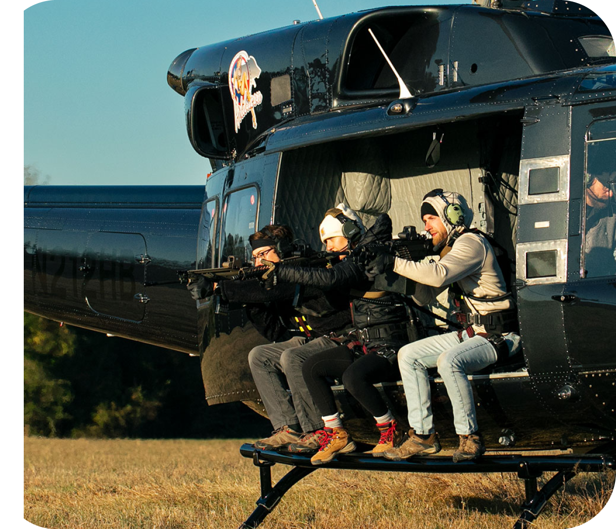 A group of people are sitting in a helicopter, with some of them holding guns. AI generated content