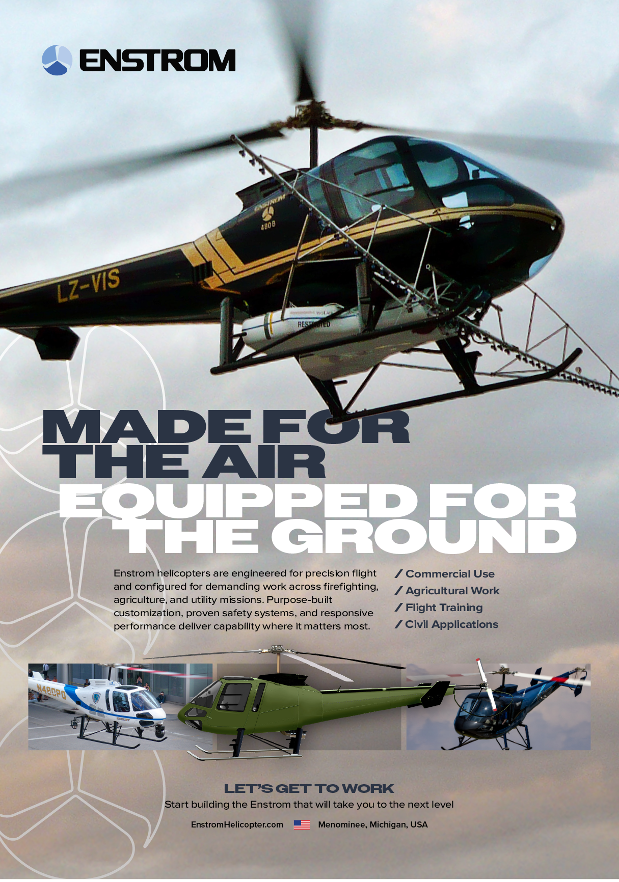 A poster advertising a helicopter, with the text “Made for the air, equipped for the ground." AI generated content