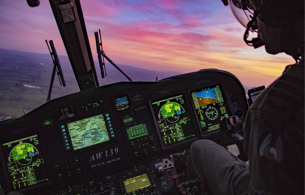 A man is sitting in a cockpit of a helicopter, flying it. AI generated content