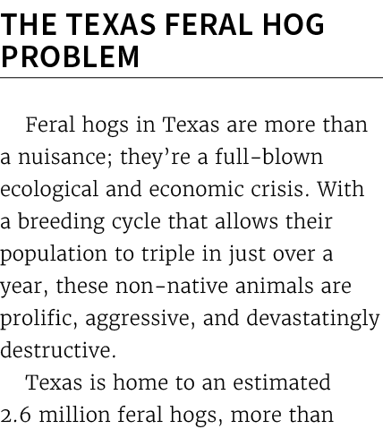 The Texas Feral Hog Problem Feral hogs in Texas are more than a nuisance; they’re a full blown ecological and economi...