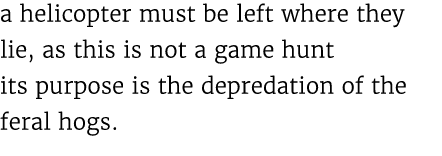 a helicopter must be left where they lie, as this is not a game hunt its purpose is the depredation of the feral hogs. 