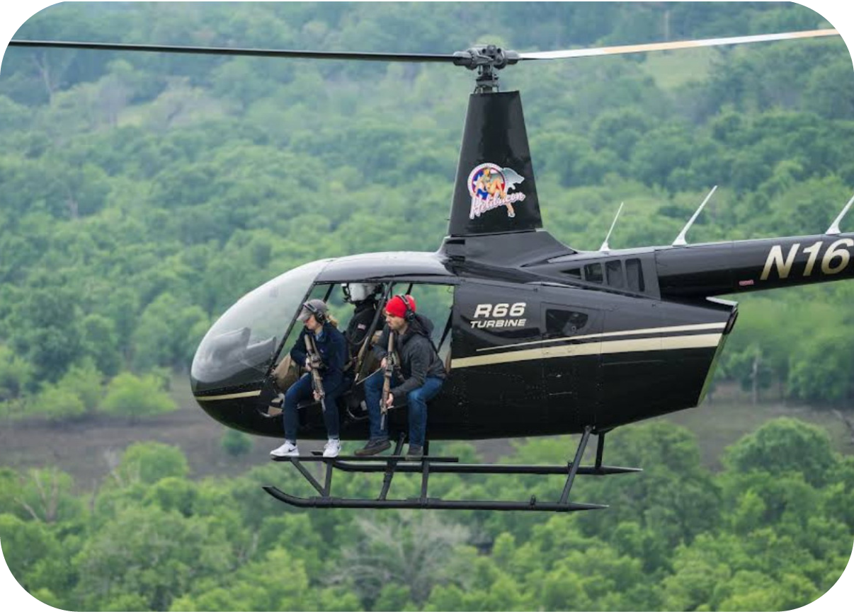 A group of people are riding in a helicopter, enjoying the view of the forest below. AI generated content
