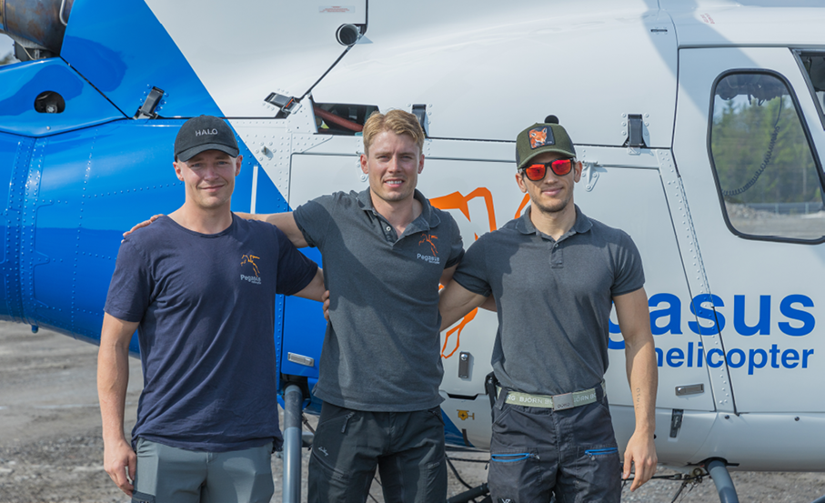 Three men are standing in front of a helicopter, posing for a picture. AI generated content