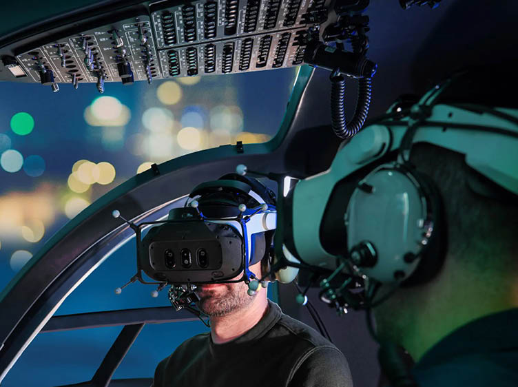 A man wearing a virtual reality headset. Description generated by AI