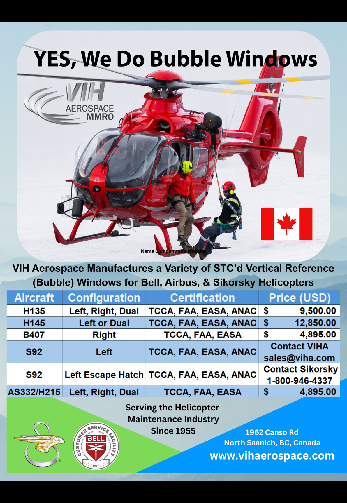 A red and white helicopter with a Canadian flag on it. Description generated by AI