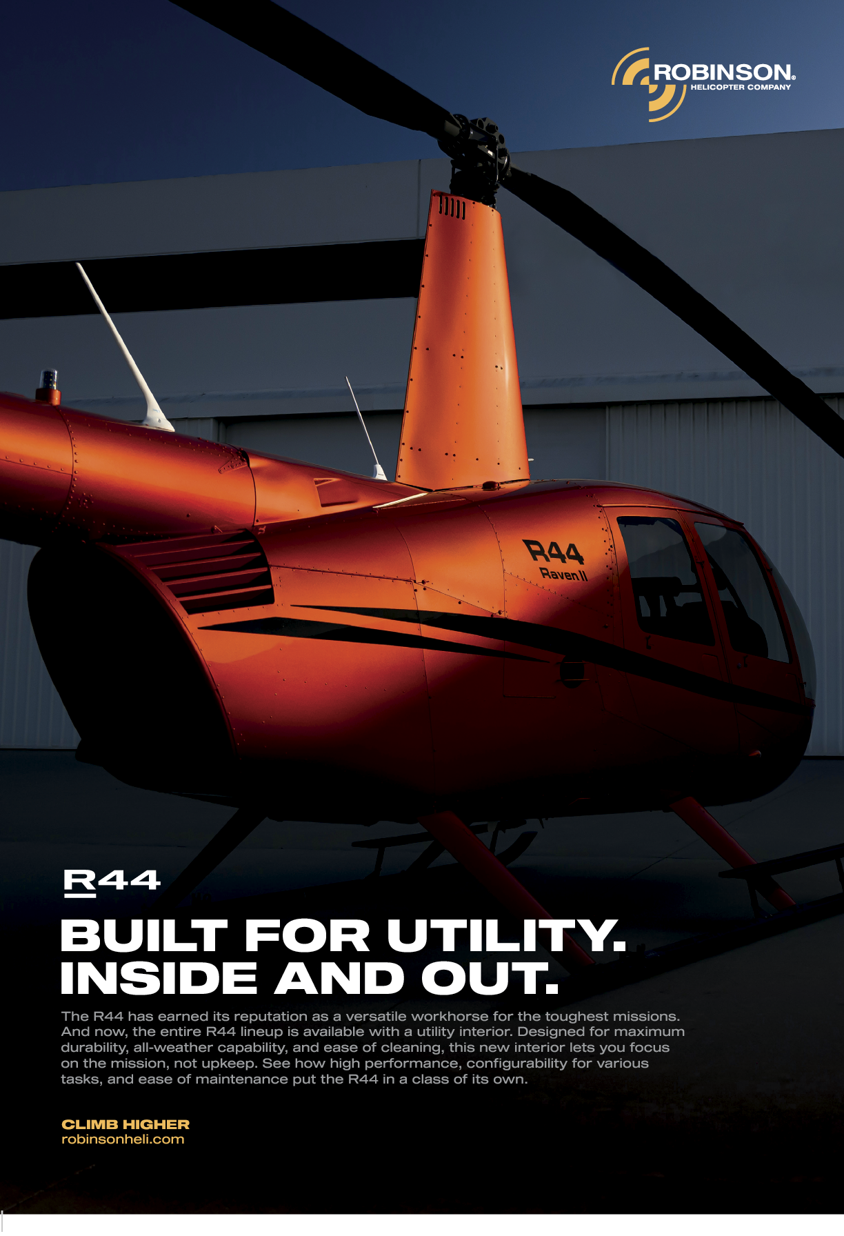 A red helicopter with a yellow logo on the side. Description generated by AI