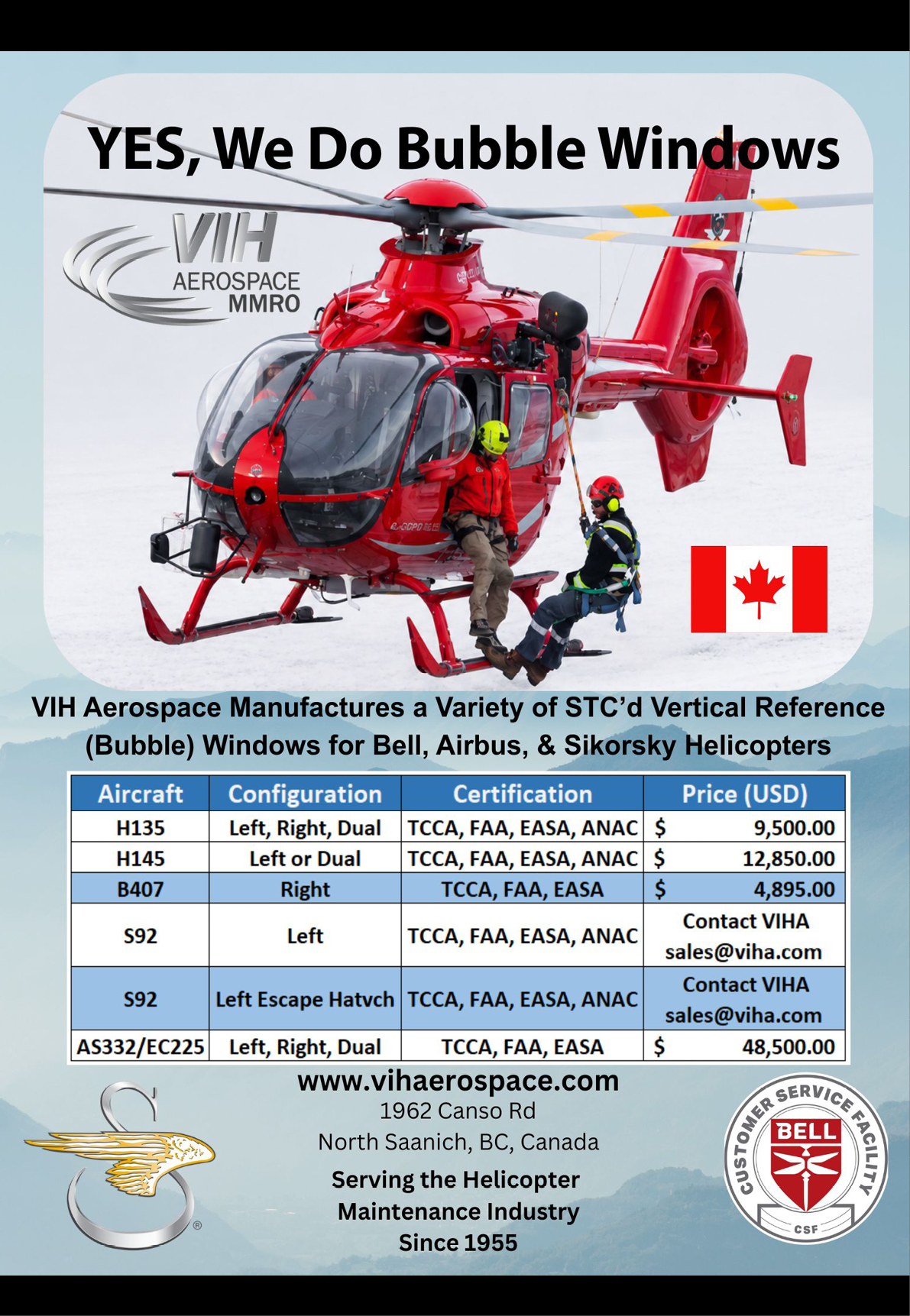 A red and white helicopter with a Canadian flag on it. Description generated by AI