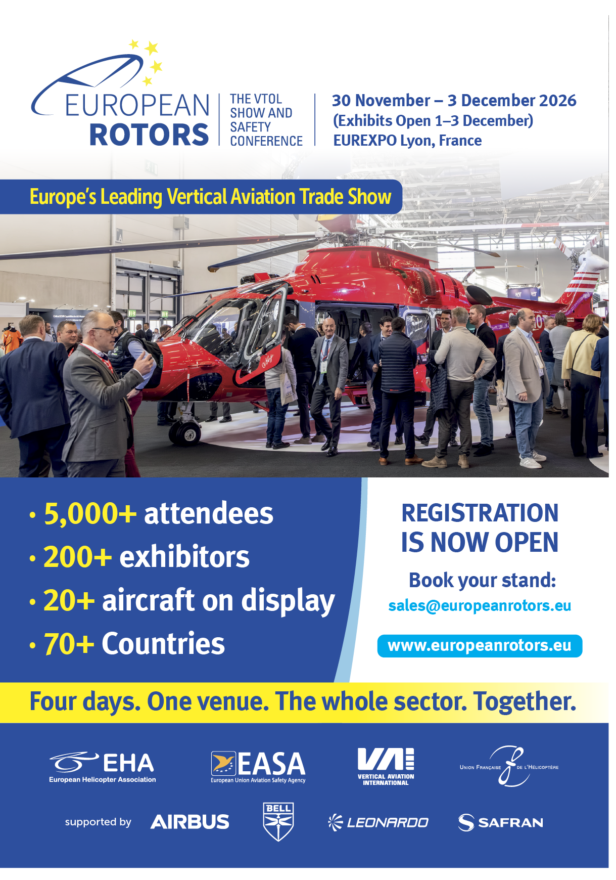 Adults in business attire are gathered around a red helicopter at a trade show promoting European vertical aviation with information about the event and registration details displayed above and below the scene. Description generated by AI