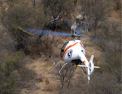 A black helicopter flying over a beach. Description generated by AI