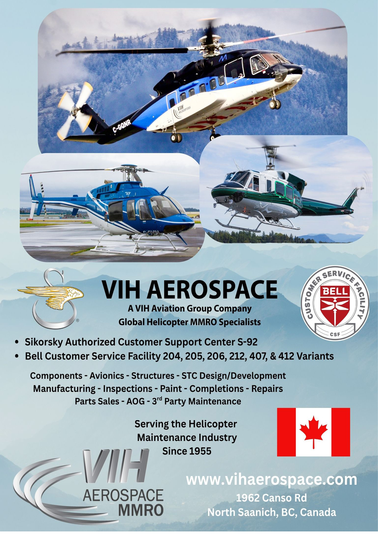 Three helicopters in flight and on the ground are shown above text advertising VIH Aerospace, a helicopter maintenance and support company based in North Saanich, BC, Canada, with a Canadian flag included. Description generated by AI