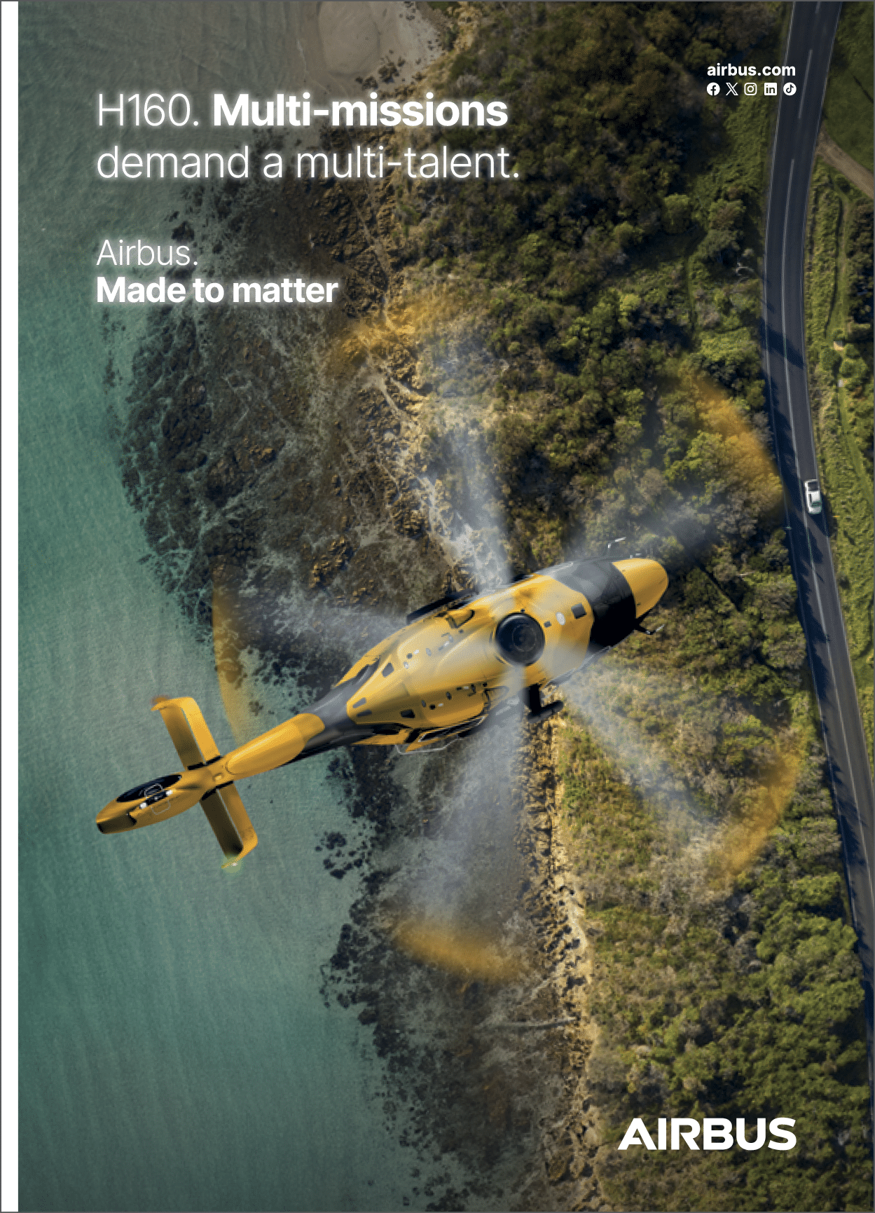 A yellow and black helicopter is flying over a coastal area with a road and greenery nearby, accompanied by text promoting Airbus H160 multi-mission capabilities. Description generated by AI