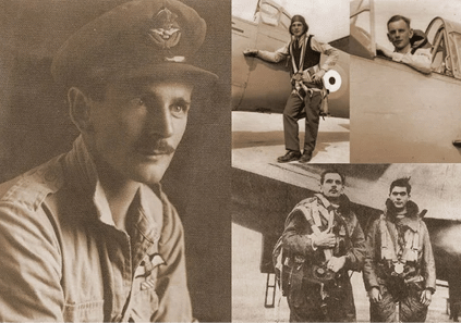A collage of sepia-toned photographs shows adults in vintage military uniforms, one posing for a portrait, another standing by an aircraft, and two others in flight gear. Description generated by AI