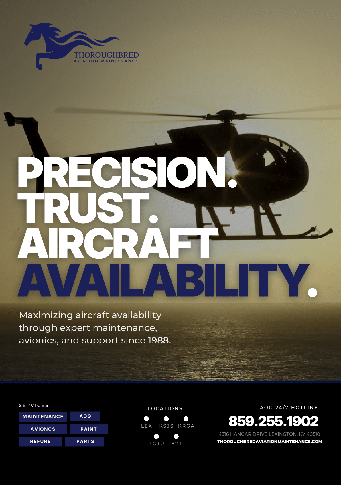 A helicopter is shown in a flyer advertising precision, trust, and availability. AI generated content