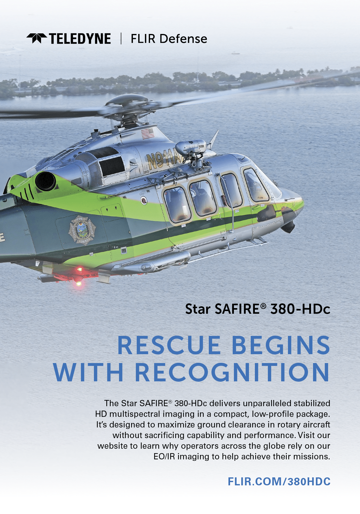 A green and white helicopter with a red light on the front. AI generated content