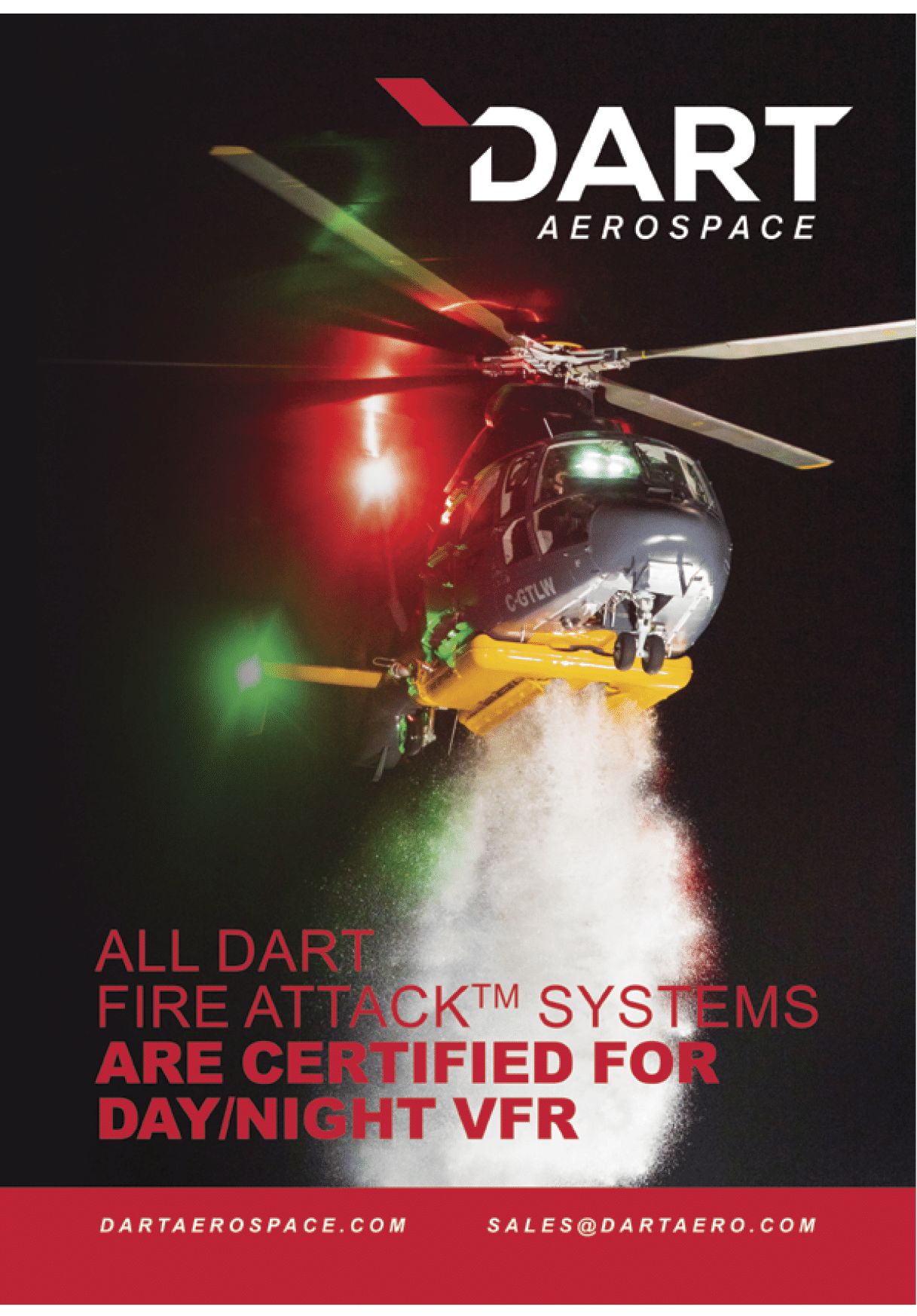 A helicopter is shown in the air with a green light on it. The helicopter is owned by Dart Aerospace. AI generated content