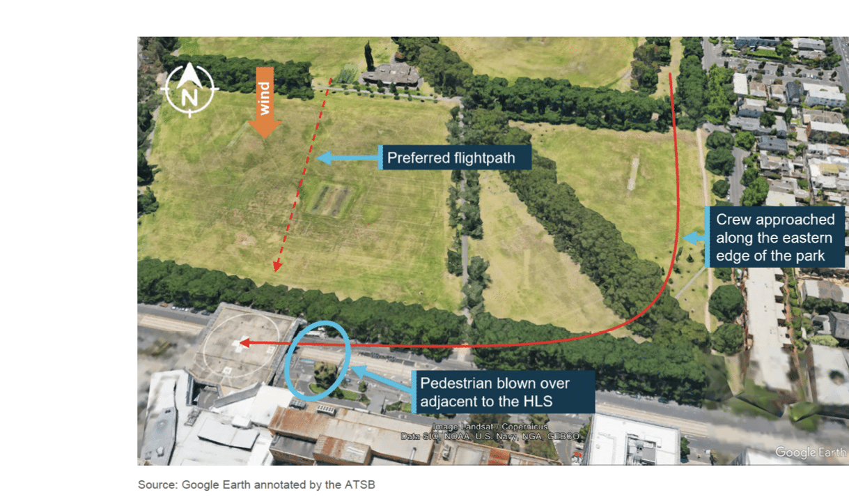 Aerial view with annotated flightpath, wind direction, and labels showing a pedestrian blown over adjacent to a helicopter landing site and crew approaching along the eastern edge of a park. Description generated by AI